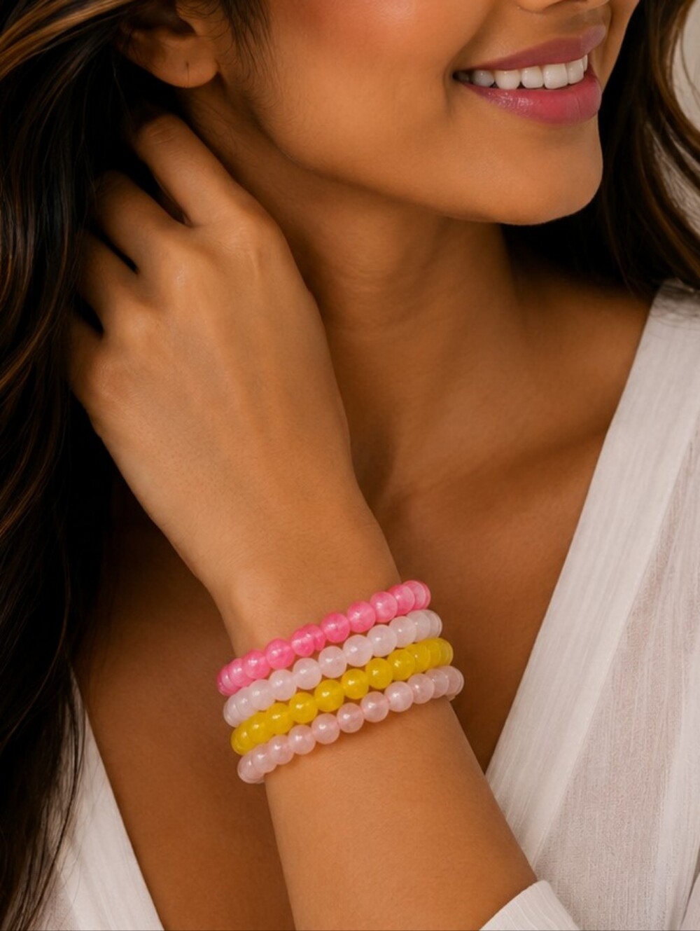 💎Colorful Beaded Stretch Bracelet Stack Set Pink Yellow White Layering Jewelry